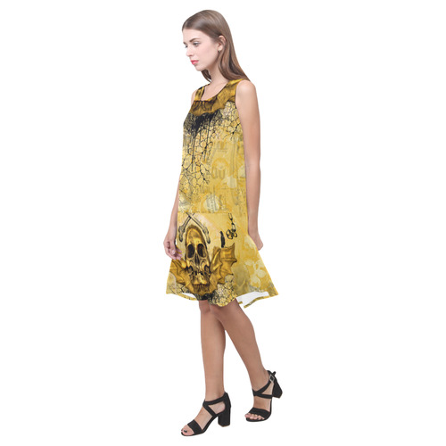 Awesome skull in golden colors Sleeveless Splicing Shift Dress(Model D17)