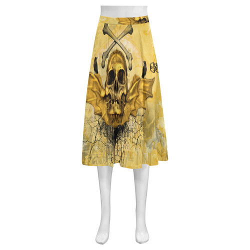 Awesome skull in golden colors Mnemosyne Women's Crepe Skirt (Model D16)