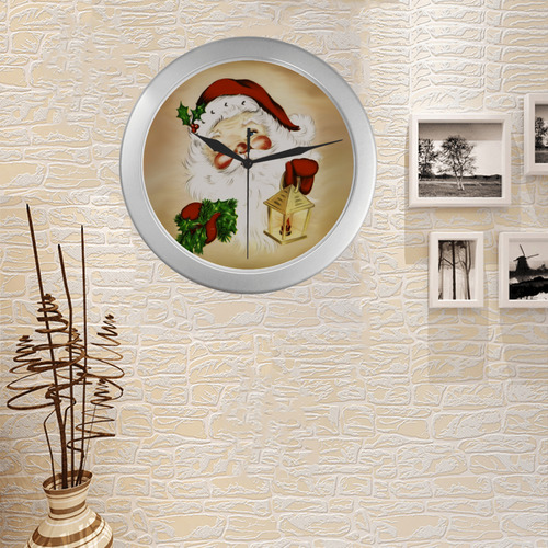 A cute Santa Claus with a mistletoe and a latern Silver Color Wall Clock