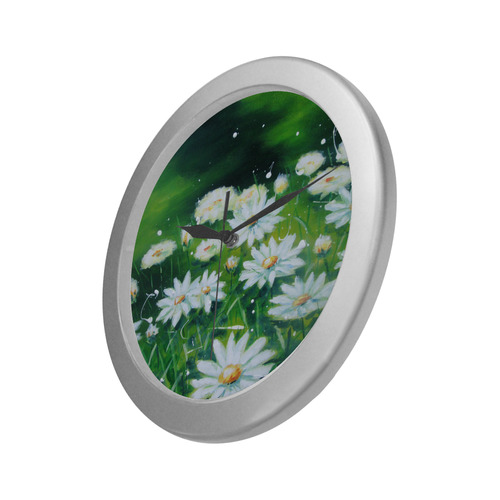 White Daisies Silver Color Wall Clock