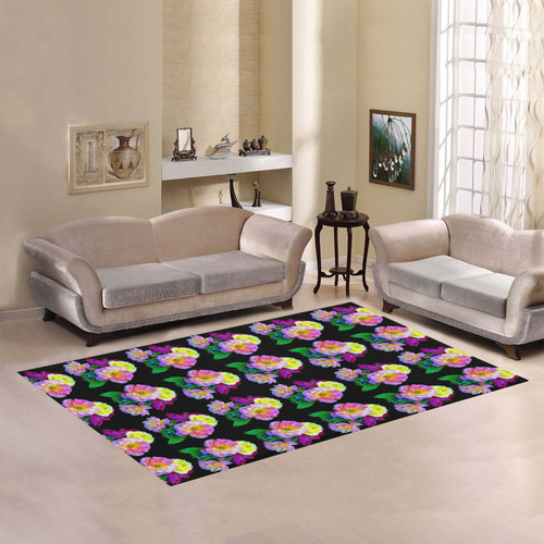 Rosa Yellow Roses on Black Pattern Area Rug7'x5'