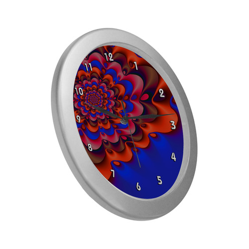 Red Blue Gala Beautiful Fractal Flower Silver Color Wall Clock