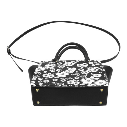 Fine Flowers Pattern Solid Black White Classic Shoulder Handbag (Model 1653)