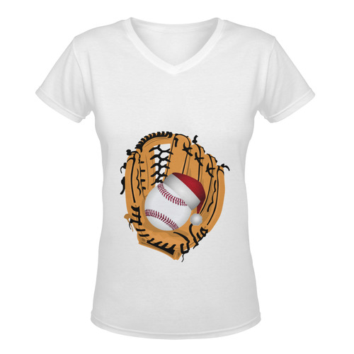 Santa Hat Baseball and Glove Christmas Women's Deep V-neck T-shirt (Model T19)