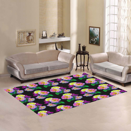 Rosa Yellow Roses on Black Pattern Area Rug7'x5'