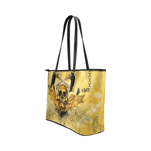 Awesome skull in golden colors Leather Tote Bag/Large (Model 1651)