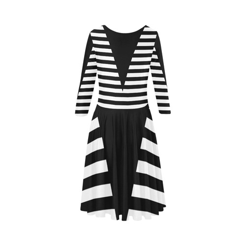 Geometric Style Black solid Stripes Big Triangle Elbow Sleeve Ice Skater Dress (D20)