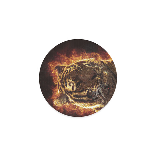 A magnificent tiger is surrounded by flames Round Coaster
