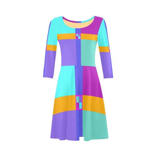 Colored Squares checkered Stripes Cross 3/4 Sleeve Sundress (D23)