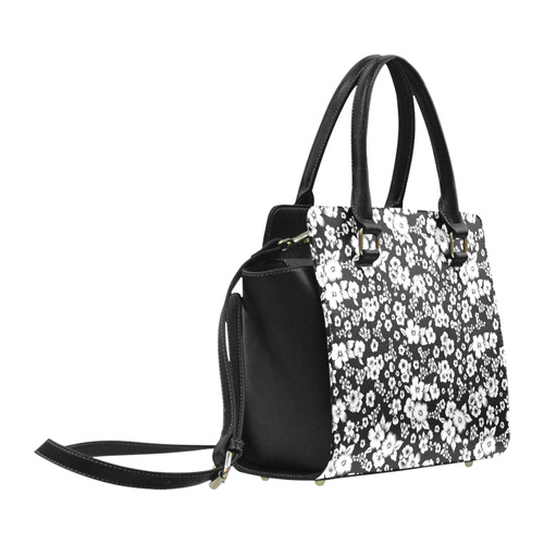 Fine Flowers Pattern Solid Black White Classic Shoulder Handbag (Model 1653)