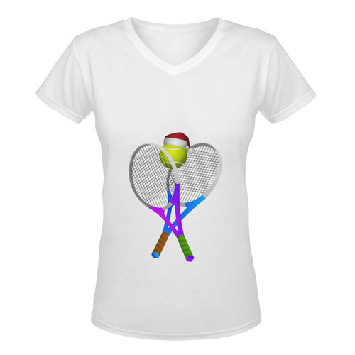 Santa Hat Tennis Ball and Rackets Christmas Women's Deep V-neck T-shirt (Model T19)