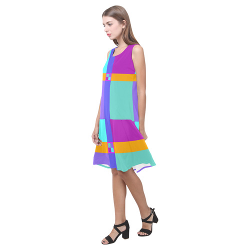 Colored Squares checkered Stripes Cross Sleeveless Splicing Shift Dress(Model D17)