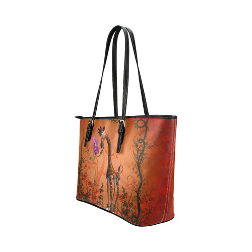 Funny giraffe speak with a flower Leather Tote Bag/Small (Model 1651)