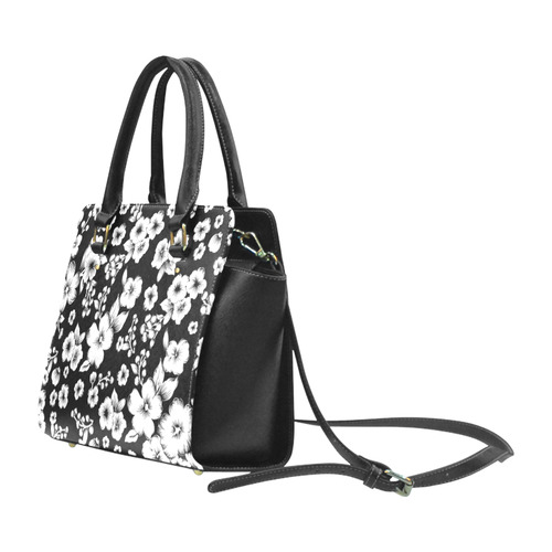 Fine Flowers Pattern Solid Black White Classic Shoulder Handbag (Model 1653)