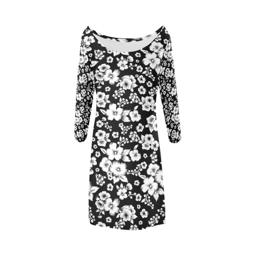 Fine Flowers Pattern Solid Black White Bateau A-Line Skirt (D21)