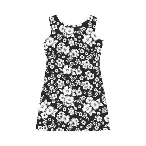 Fine Flowers Pattern Solid Black White Bateau A-Line Skirt (D21)