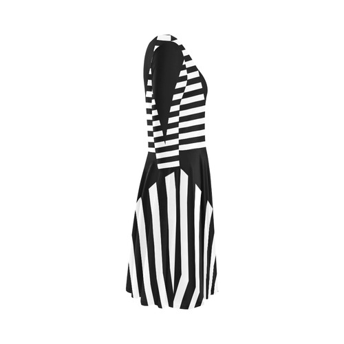 Geometric Style Black solid Stripes Big Triangle Elbow Sleeve Ice Skater Dress (D20)