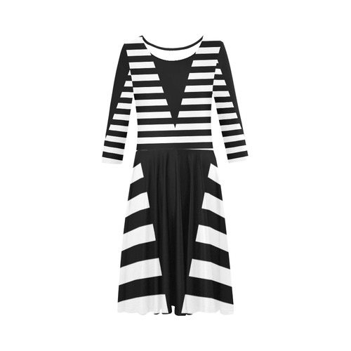 Geometric Style Black solid Stripes Big Triangle Elbow Sleeve Ice Skater Dress (D20)