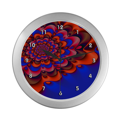 Red Blue Gala Beautiful Fractal Flower Silver Color Wall Clock