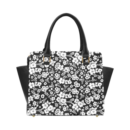 Fine Flowers Pattern Solid Black White Classic Shoulder Handbag (Model 1653)