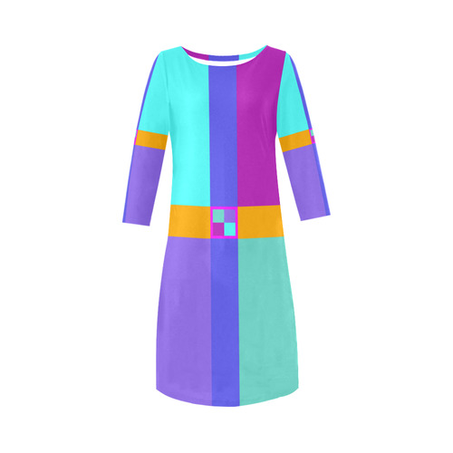 Colored Squares checkered Stripes Cross Round Collar Dress (D22)