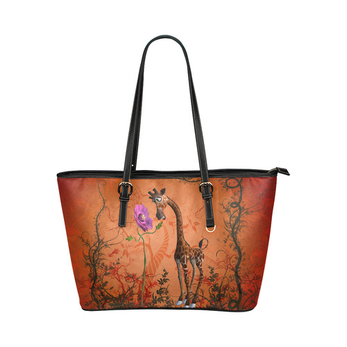 Funny giraffe speak with a flower Leather Tote Bag/Small (Model 1651)