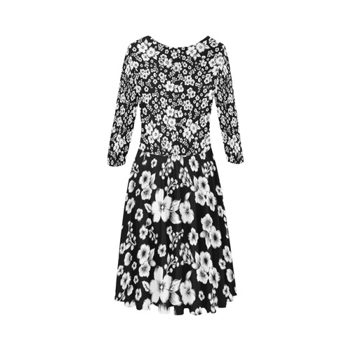 Fine Flowers Pattern Solid Black White Elbow Sleeve Ice Skater Dress (D20)