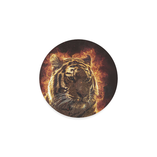 A magnificent tiger is surrounded by flames Round Coaster
