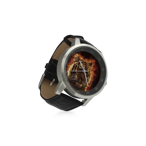 A magnificent tiger is surrounded by flames Unisex Stainless Steel Leather Strap Watch(Model 202)