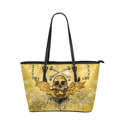 Awesome skull in golden colors Leather Tote Bag/Large (Model 1651)