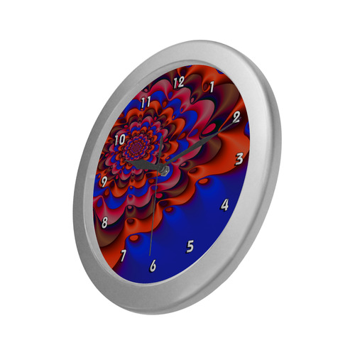 Red Blue Gala Beautiful Fractal Flower Silver Color Wall Clock
