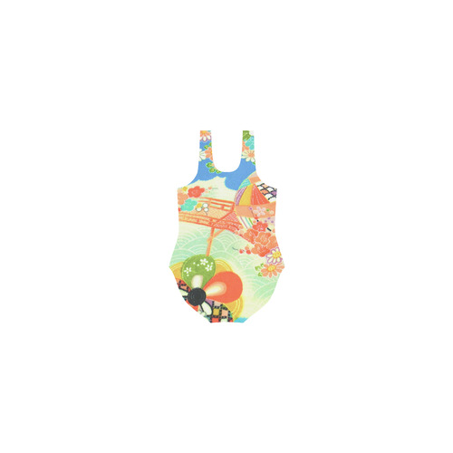 Kimono Print, Blue Sky Vest One Piece Swimsuit (Model S04)