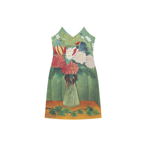 Henri Rousseau Bouquet of Flowers Still Life V-Neck Open Fork Long Dress(Model D18)