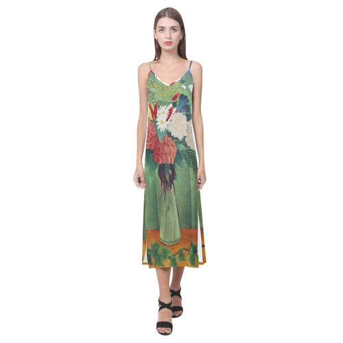 Henri Rousseau Bouquet of Flowers Still Life V-Neck Open Fork Long Dress(Model D18)