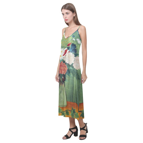 Henri Rousseau Bouquet of Flowers Still Life V-Neck Open Fork Long Dress(Model D18)