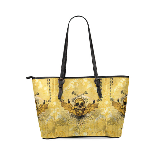 Awesome skull in golden colors Leather Tote Bag/Large (Model 1640)