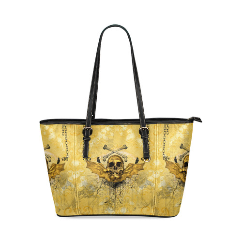 Awesome skull in golden colors Leather Tote Bag/Large (Model 1640)