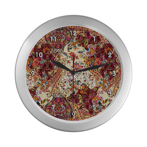 Vintage Jacobean Flower Tapestry Pattern Silver Color Wall Clock