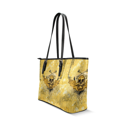 Awesome skull in golden colors Leather Tote Bag/Large (Model 1640)