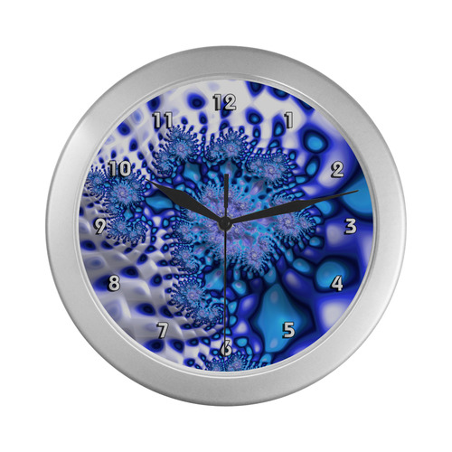 Psychedelic Blue on White Snow Fractal Art Silver Color Wall Clock