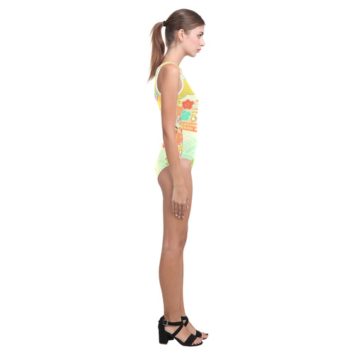 Kimono Print, Yellow Custard Vest One Piece Swimsuit (Model S04)