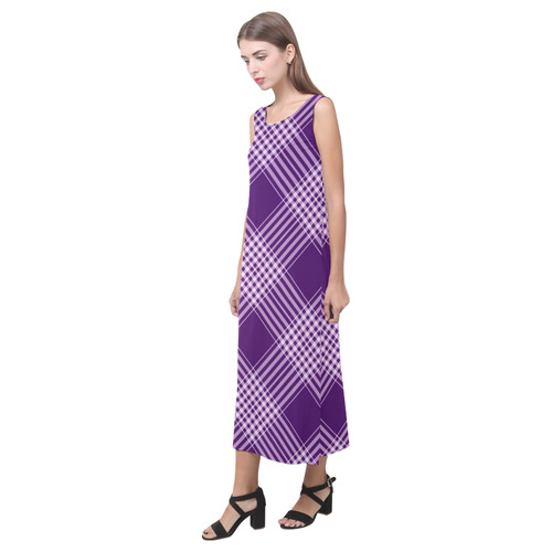 Royal Purple And White Plaid Phaedra Sleeveless Open Fork Long Dress (Model D08)