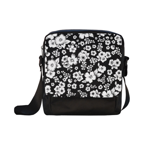 Fine Flowers Pattern Solid Black White Crossbody Nylon Bags (Model 1633)