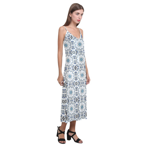 White Floral Geometric V-Neck Open Fork Long Dress(Model D18)