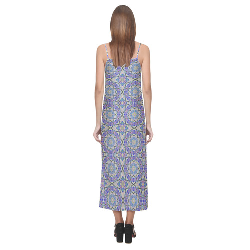 Lavender Blue Geometric V-Neck Open Fork Long Dress(Model D18)