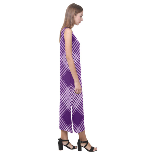 Royal Purple And White Plaid Phaedra Sleeveless Open Fork Long Dress (Model D08)