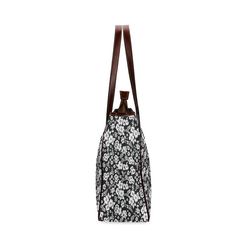 Fine Flowers Pattern Solid Black White Classic Tote Bag (Model 1644)