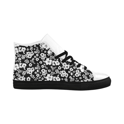 Fine Flowers Pattern Solid Black White Aquila High Top Microfiber Leather Women's Shoes (Model 032)