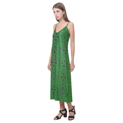 Green and Black V-Neck Open Fork Long Dress(Model D18)