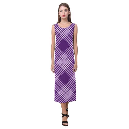 Royal Purple And White Plaid Phaedra Sleeveless Open Fork Long Dress (Model D08)